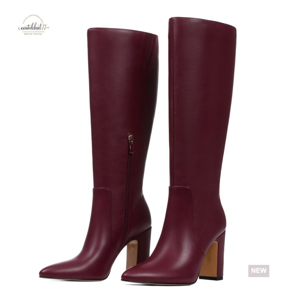 Knee High Boots Chunky Heel Wide Calf Leather Pointed Toe Side Zipper Size 6